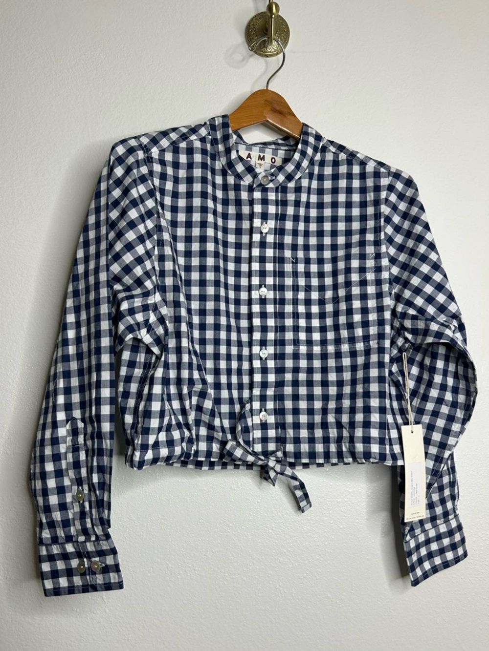 NWT AMO Rosalind Shirt Blue Navy Checkered Cropped Button Down Shirt Small - Picture 6 of 14